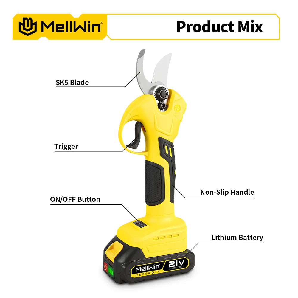 Mellwin 30mm tesouras de poda elétricas sem escova sem fio cortador de galhos de árvores frutíferas tesoura de jardim para makita 18v bateria pino