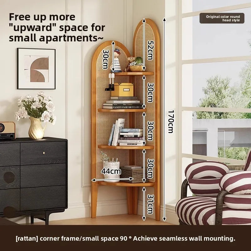 Estante Retro Triangular de Canto com Trama de Rattan para Sala de Estar, Divisória e Armazenamento para Quarto