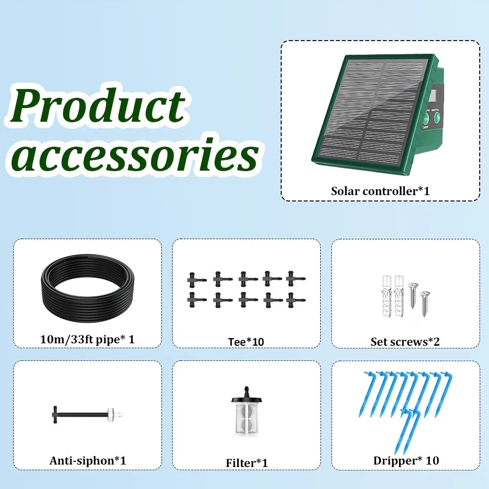 Sistema de irrigação solar, sistema de rega automático com 300 programas de rega, kit de rega para jardim com mangueira de 10m e 10 pontas de gotejamento, etc., adequado para vegetais/plantas em vasos/árvores frutíferas