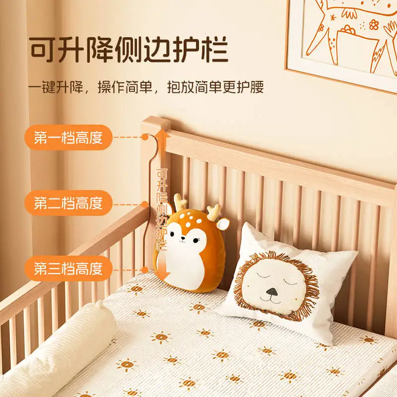 Cama de emenda infantil de madeira maciça personalizável, artefato de emenda largo, bebê plano pode levantar cama de cabeceira