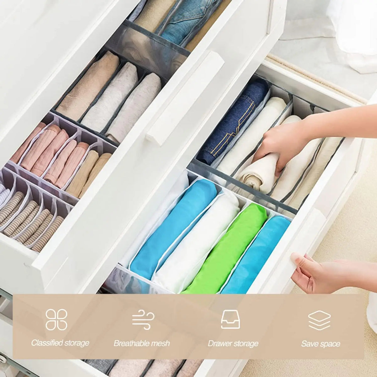 Organizador de Roupas para Armário, 7 Compartimentos, Organizador de Armário Portátil Lavável, Caixa de Armazenamento com Separação em Malha, Organizador de Gavetas Dobrável