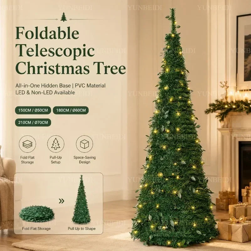 Árvores de Natal Artificiais com Luzes LED Decorativas, Tudo em Um, com Alturas de 1,5m a 2,1m, Decoração de Natal para Casa