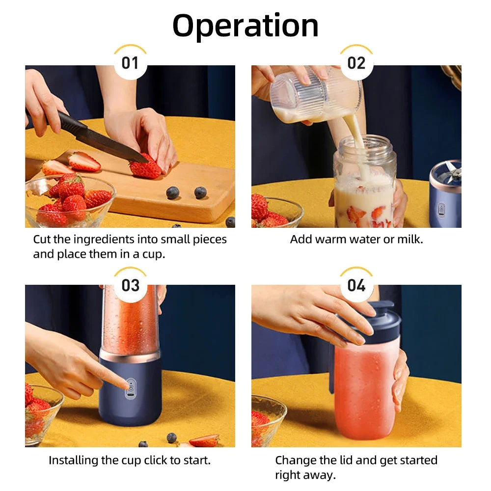 Liquidificador de Frutas Doméstico 400ML, Espremedor Elétrico Portátil, Máquina de Milkshake Multifuncional com 6 Lâminas