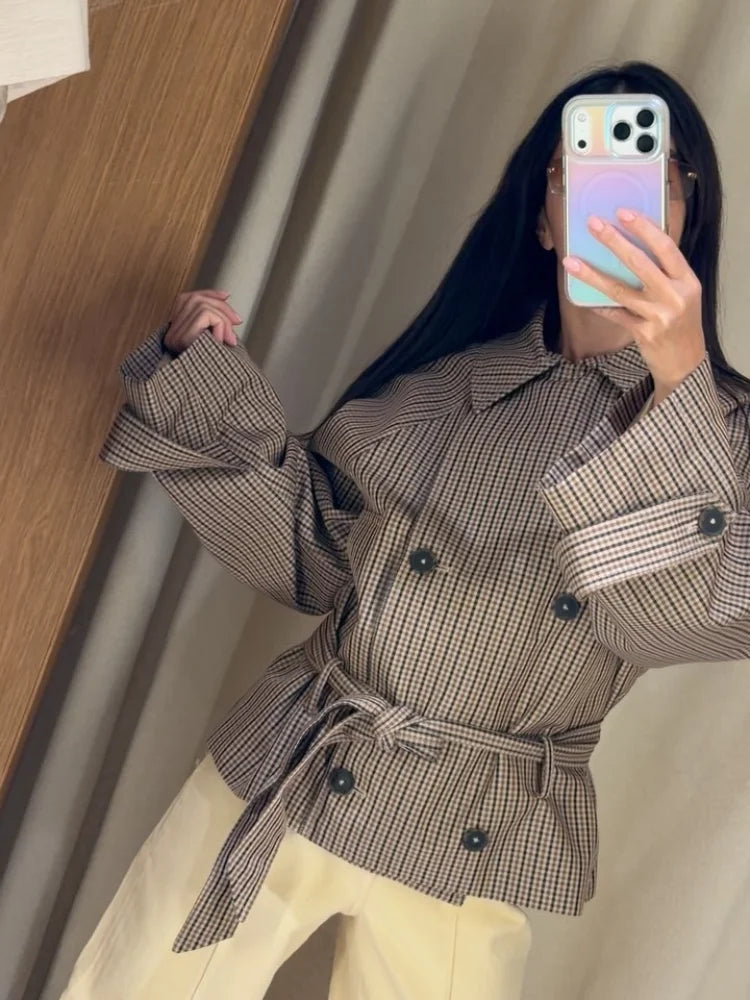 Women's Casual Plaid Short Trench Coat, Lapel, Double-Breasted, Belted Waist, Loose Long Sleeve Checkered Jacket, Autumn Windbreaker