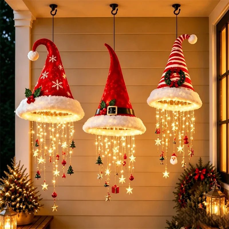 Luz de Natal LED em Forma de Chapéu de Papai Noel, Luzes de Cordão Brilhantes e Quentes, Decoração de Natal para Casa, Escada e Festa.