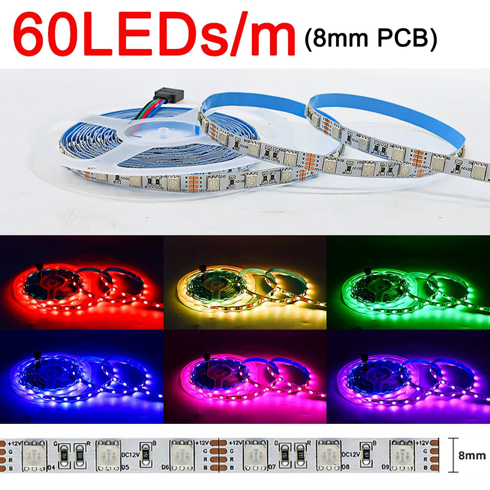 5m 12v 24v dc rgb tira conduzida 30leds/m 60leds/m 96leds/m 120leds/m smd 5050 fita de luz led flexível 8mm 10mm pcb para decoração