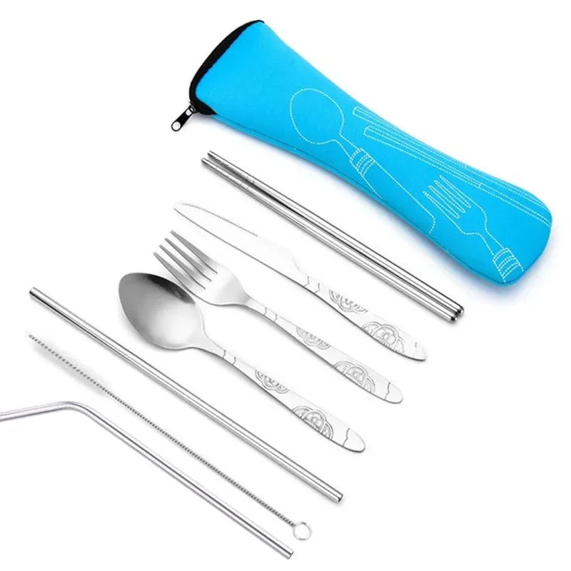 7 pçs/set conjunto de talheres de aço inoxidável ao ar livre portátil saco pano faca garfo colher pauzinhos palha flores ricas sete conjuntos Kasa & Pet