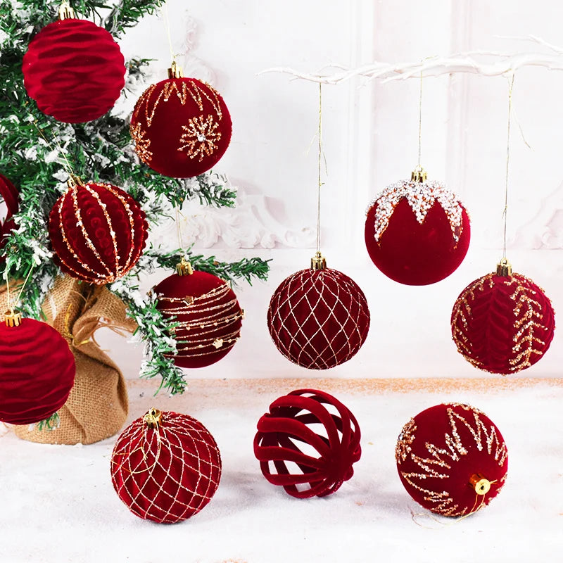 4 pçs 8cm vinho vermelho bola de natal ornamento decoração da árvore de natal esferas pingente textura de veludo bola ano novo decoração para casa