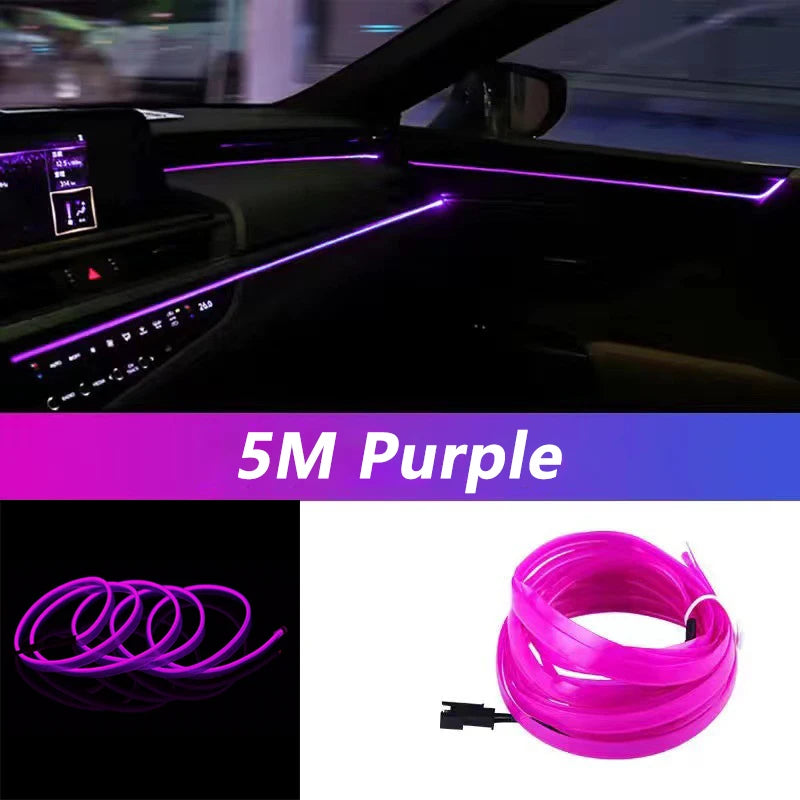 Carro Interior LED Strip Light, Neon EL Fiação, Lâmpada Decorativa para Auto, Luz Ambiente Flexível, Diodo de Festa Atmosfera, USB, 5m