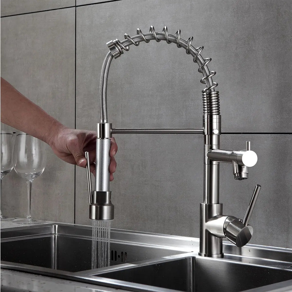 Modern Single Handle Kitchen Faucet Pull Down Sprayer Stainless Steel Brushed Nickel Deck Mounted 1 Hole