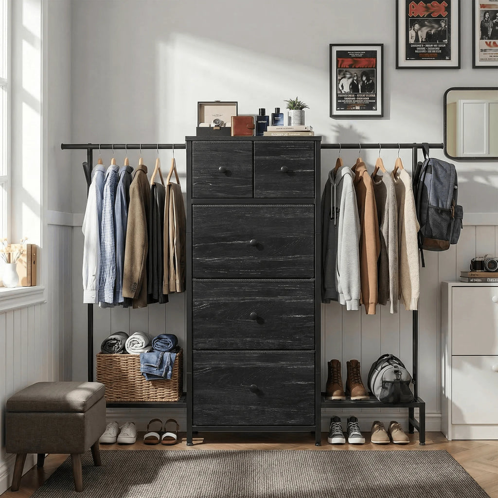 Cômoda e Cabideiro 3 em 1 – 147 cm de Largura com 5 Gavetas e Sapateira, Ganchos Laterais para Armazenamento no Quarto e Closet