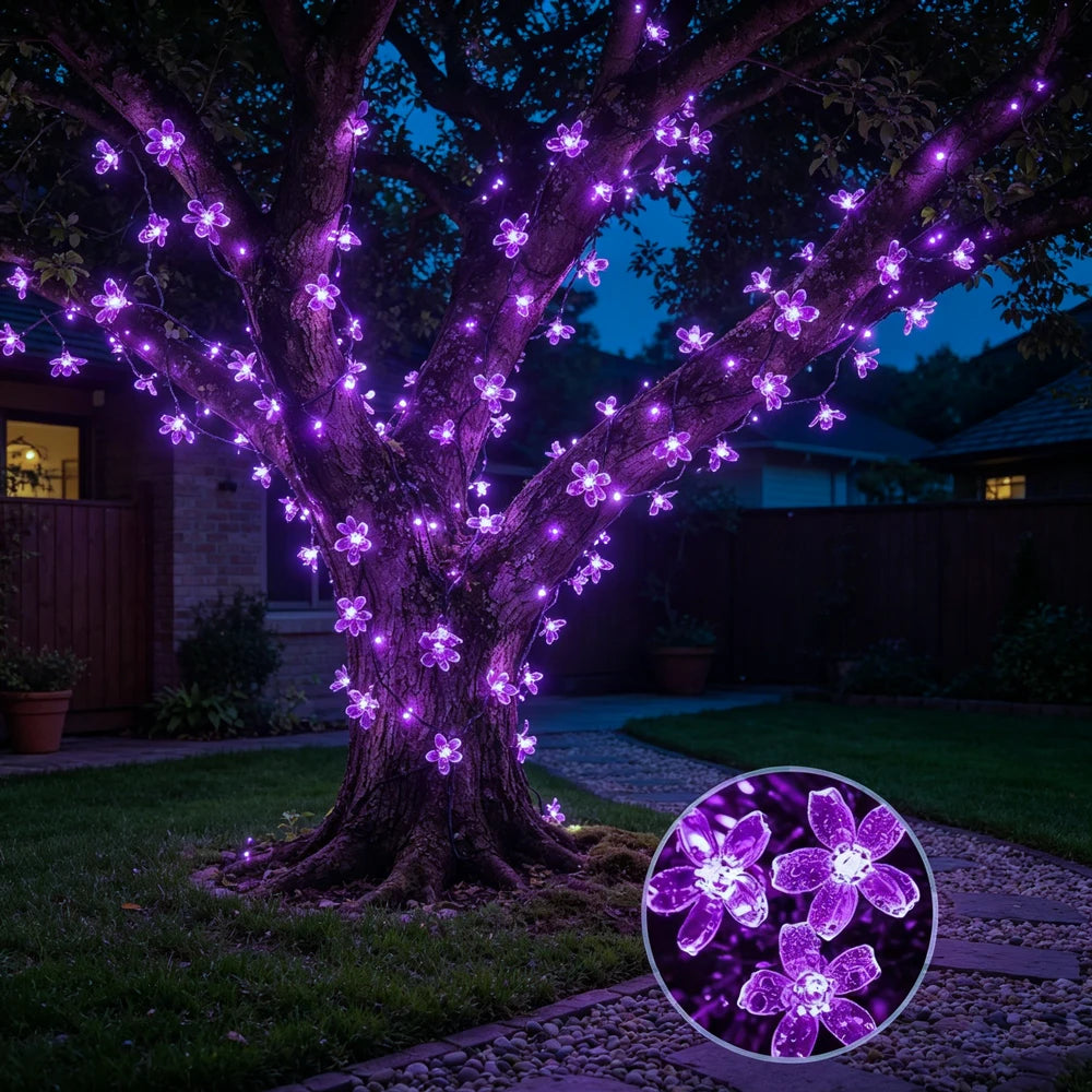 Luzes de Cordão LED Solares em Forma de Flor de Cerejeira para Decoração de Jardim e Pátio ao Ar Livre, Decoração de Natal e Casamento