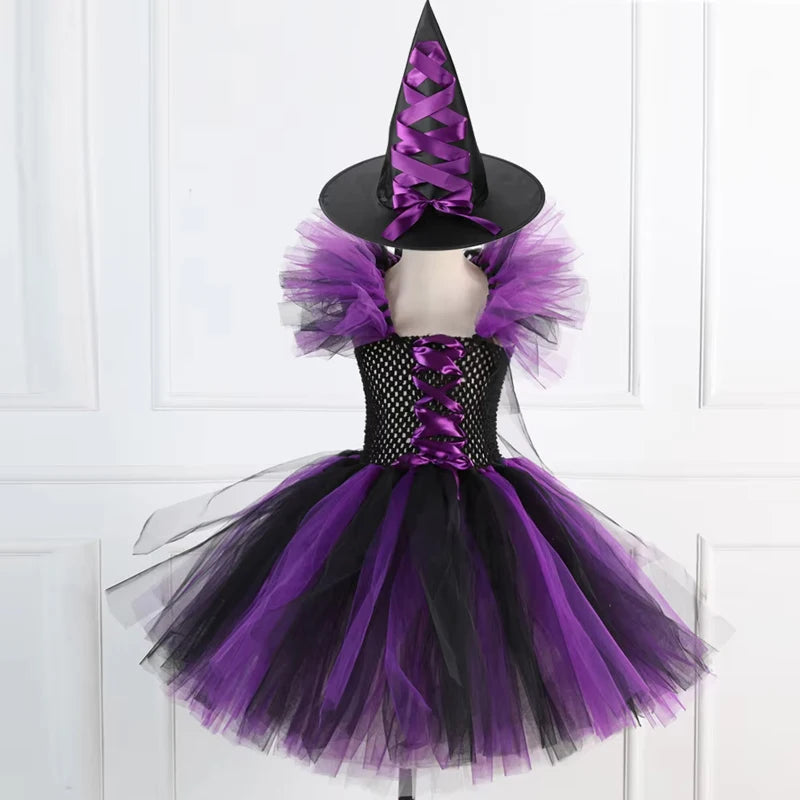 Fantasia de Bruxa para Meninas, Vestido de Tule em 3 Cores com Chapéu Pontudo, Fantasia de Carnaval para Crianças