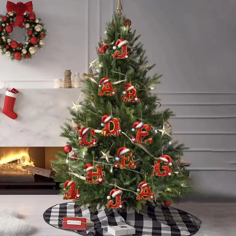 Enfeite de Natal com 26 letras, pingente plano para pendurar, ornamento personalizado, decoração festiva para árvore de Natal, presente para festas de fim de ano.