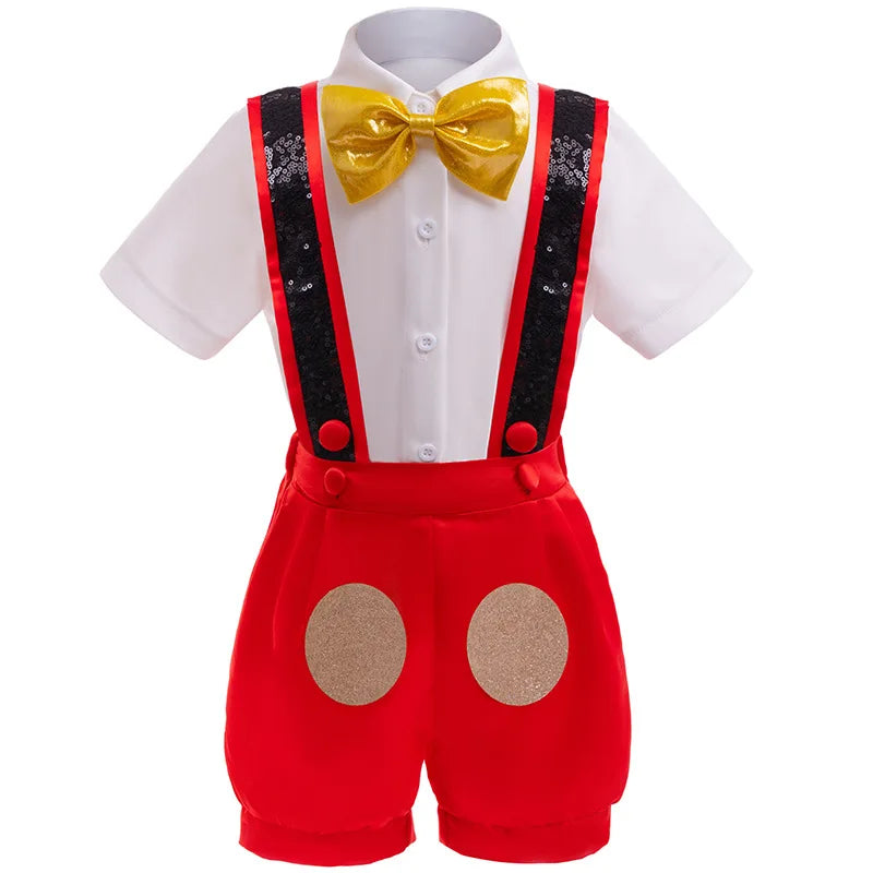 Halloween palco desempenho cosplay traje novos meninos gravata brilhante manga curta cavalheiro terno bebê bonito macacão conjunto de três peças