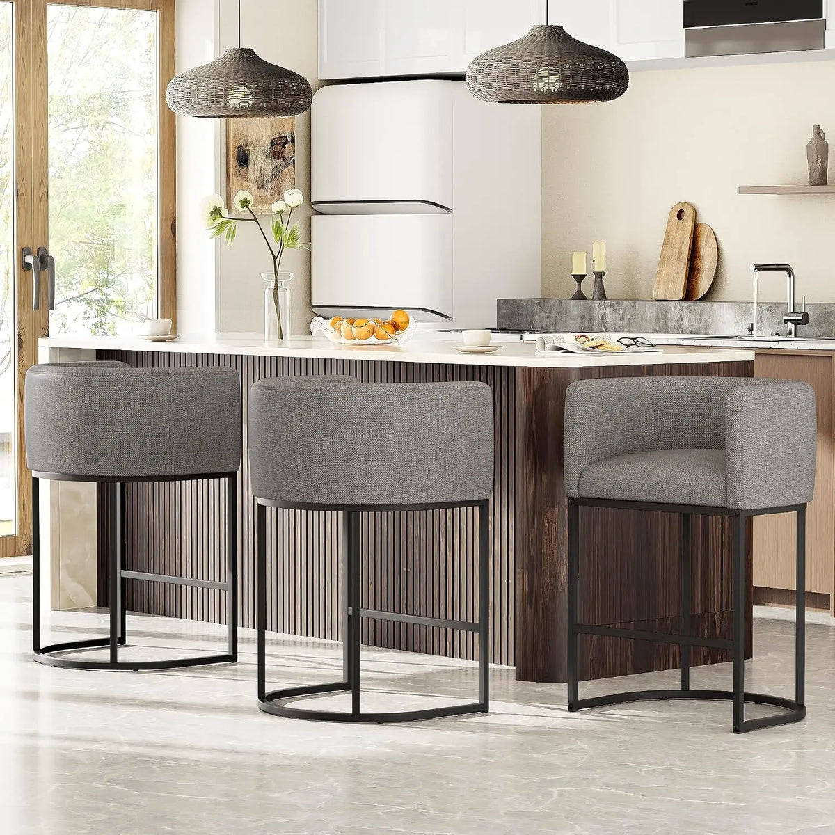 Conjunto de 3 Banquetas de Bar em Linho com 26'' de Altura, Design Moderno com Encosto e Braços, Personalizável