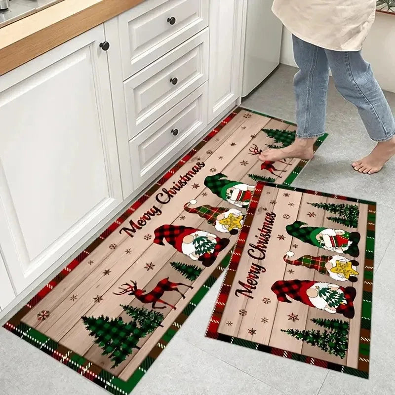 Tapete de chão vermelho com tema de árvore de Natal, para cozinha e casa, antiderrapante, decoração de Natal para casa, Feliz Ano Novo 2026.