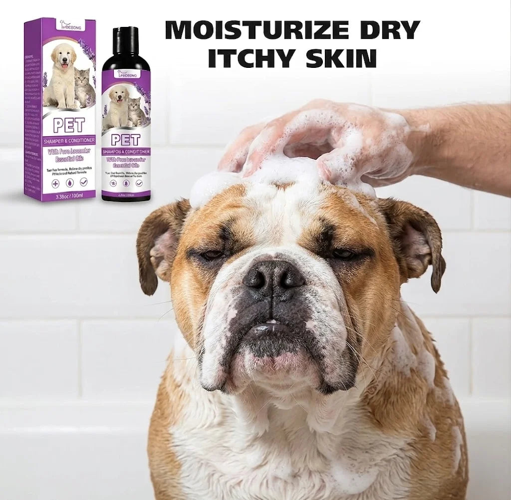 Shampoo e Condicionador para Animais de Estimação com Óleos Essenciais Puros de Lavanda, Fórmula Sem Lágrimas para Cães e Gatos, pH Balanceado, Cuidado Suave 100ml