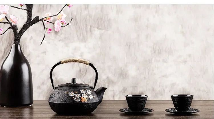 300ml 600ml 800ml bule de chá de ferro japonês ameixa e bambu pintado chaleira de ferro fundido conjunto de água fervente com filtro pote