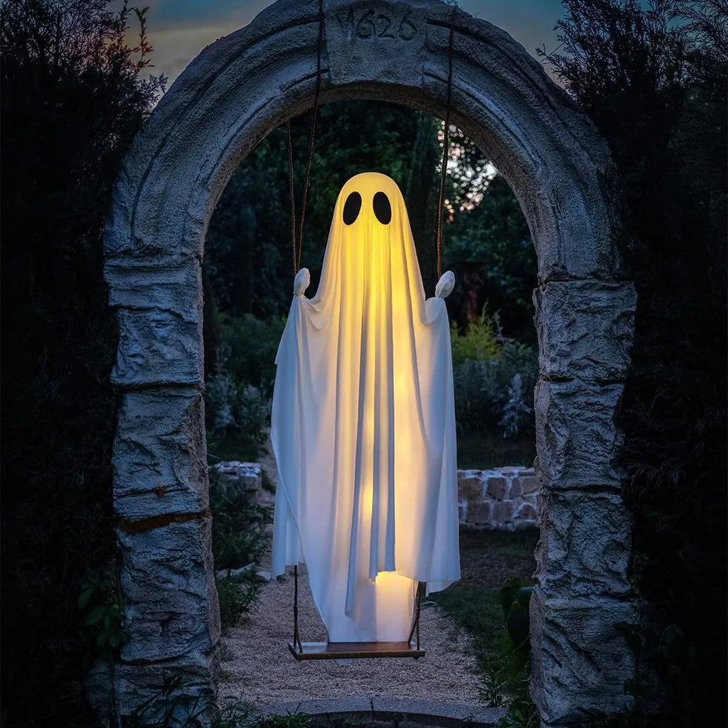 Decoração Suspensa de Fantasma Balançante para Halloween, Ornamento de Fantasma Branco Luminoso, Decoração para Casa Assombrada, Varanda, Quintal, Festa de Terror ao Ar Livre.