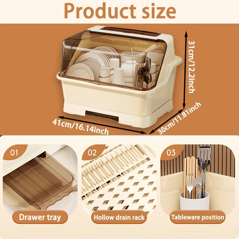 Prateleira com tampa - Armário de armazenamento de cozinha que economiza espaço e à prova de poeira, cor creme, organizador de talheres multifuncional com escorredor, adequado para bancadas e armários, rack de pratos para