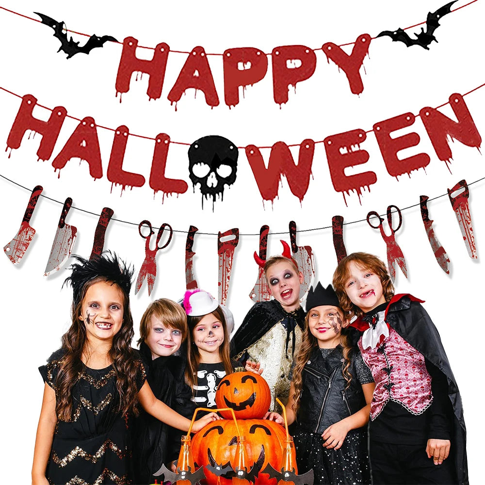 Decoração de festa de halloween feliz dia das bruxas banner sangrento açougueiro faca assassino ferramentas guirlanda de papel para horror decoração de casa assombrada