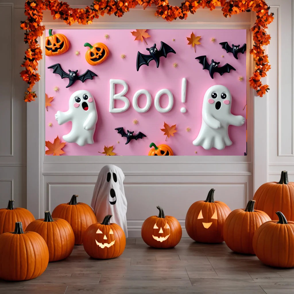 Decoração Halloween Backdrop, Parede Rosa, Fantasma Assustador, Abóbora Saltitante, Fotografia, Birthday Party, Raparigas, Bebé, 180x110cm