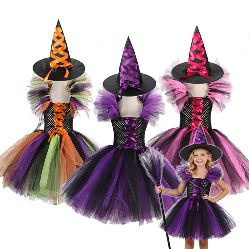 Fantasia de Bruxa para Meninas, Vestido de Tule em 3 Cores com Chapéu Pontudo, Fantasia de Carnaval para Crianças