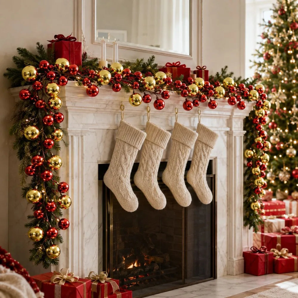 Guirlanda de Bolas Vermelhas e Douradas Longas para Decoração de Natal, Bolas de Natal Ideais para Decoração de Natal, Ano Novo e Aniversário, Decoração para Casa