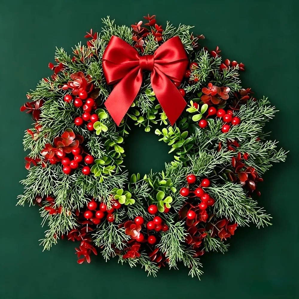 Guirlanda de Natal com Laço e Frutas Vermelhas, Incluindo Cranberries e Holly, para Decoração Interna e Externa