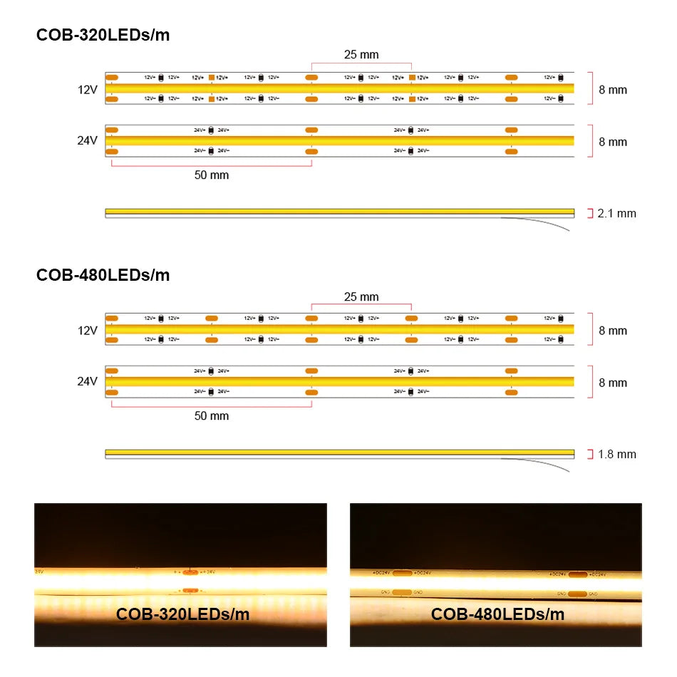 A espiga listada ul conduziu a luz de tira 320 480 leds/m 16.4ft fita flexível de alta densidade ra90 3000k 4000k 6500k regulável conduziu luzes dc12v 24v