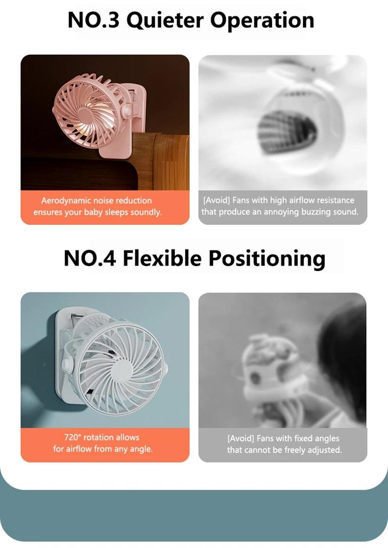 Mini Ventilador Portátil 720 ° Ventilador Portátil Recarregável USB com Lâmpada Noturna Integrada e Rotação, Fluxo de Ar Potente para Viagens, Camping e Atividades ao Ar Livre