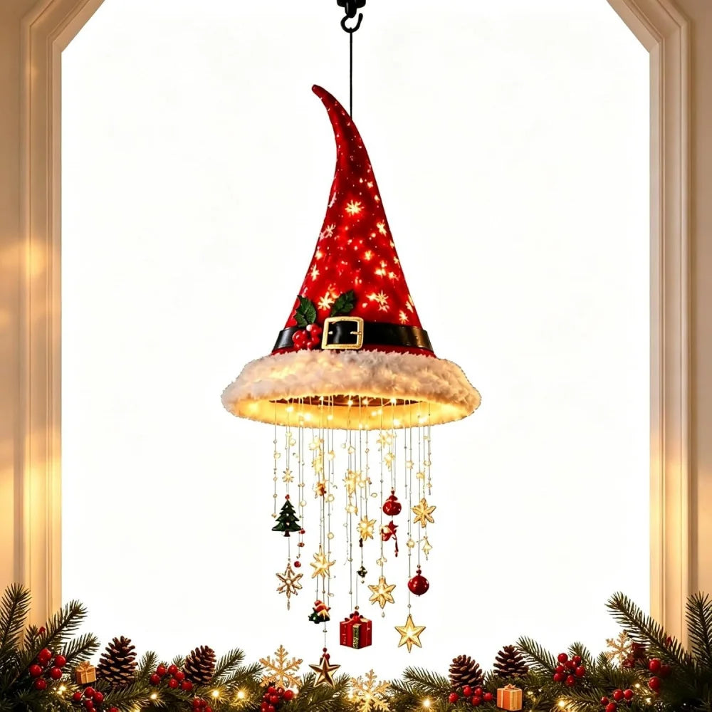 Chapéu de Papai Noel Iluminado com Flocos de Neve, Pendente para Árvore de Natal, Lanterna Suspensa, Decoração de Natal para Casa, Presentes para Festa de Ano Novo