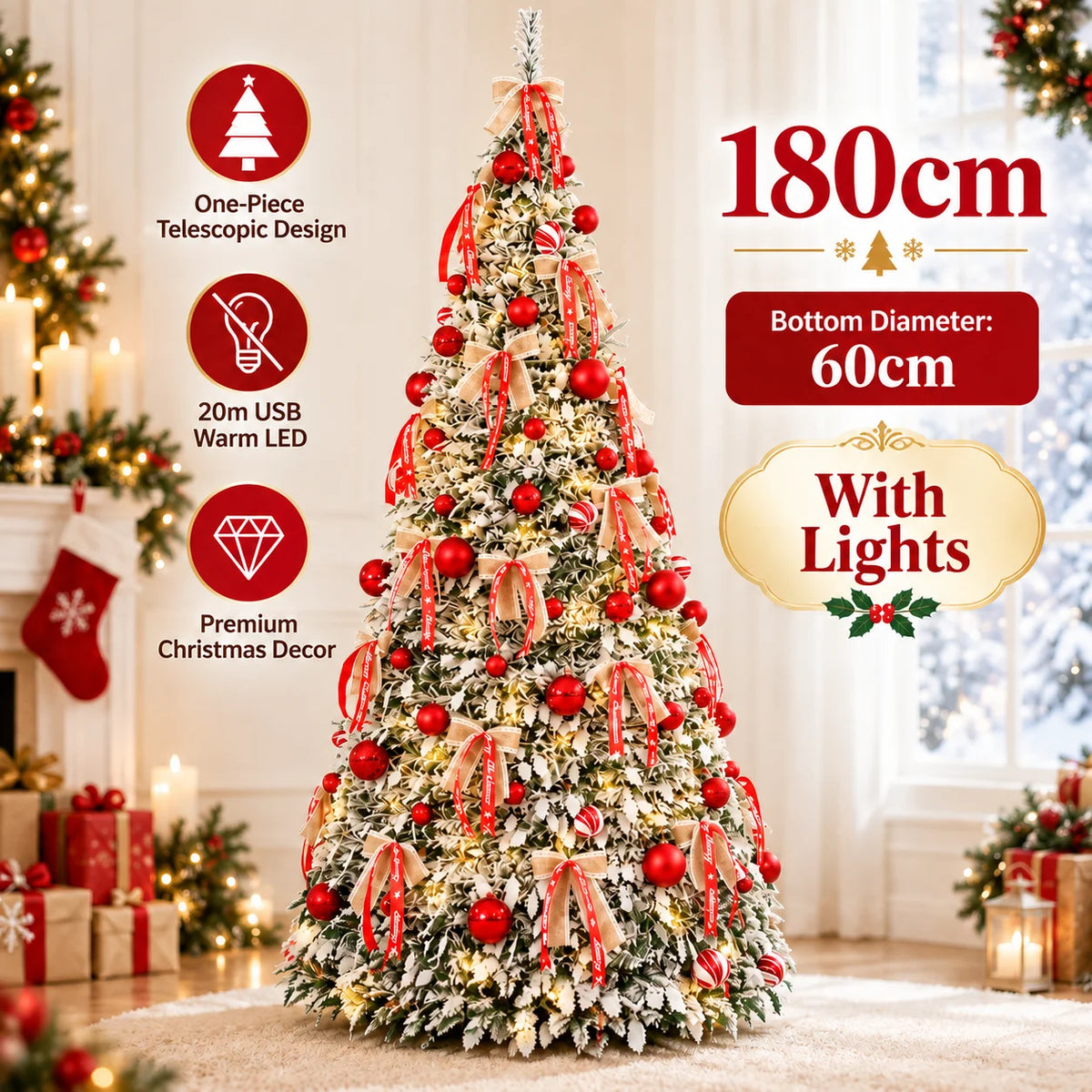 Árvore de Natal Dobrável com Luzes LED e Enfeites, Árvore de Natal Integrada de Alta Qualidade de 120cm a 180cm, Decoração para Festa de Natal em Família