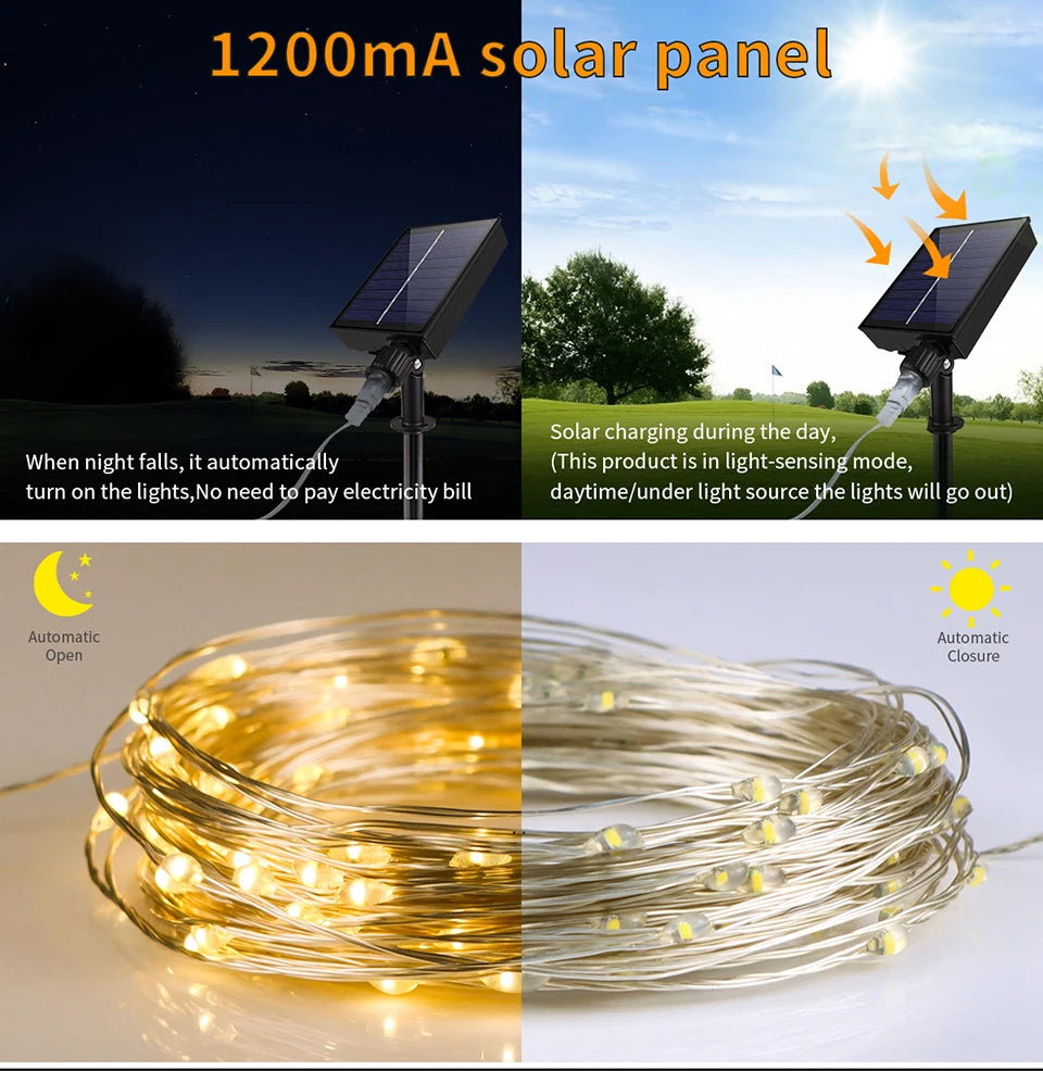 Luzes solares LED à prova d'água para exterior, cordão de luzes de fada, guirlanda de jardim, lâmpada solar de painel grande para decoração de festas