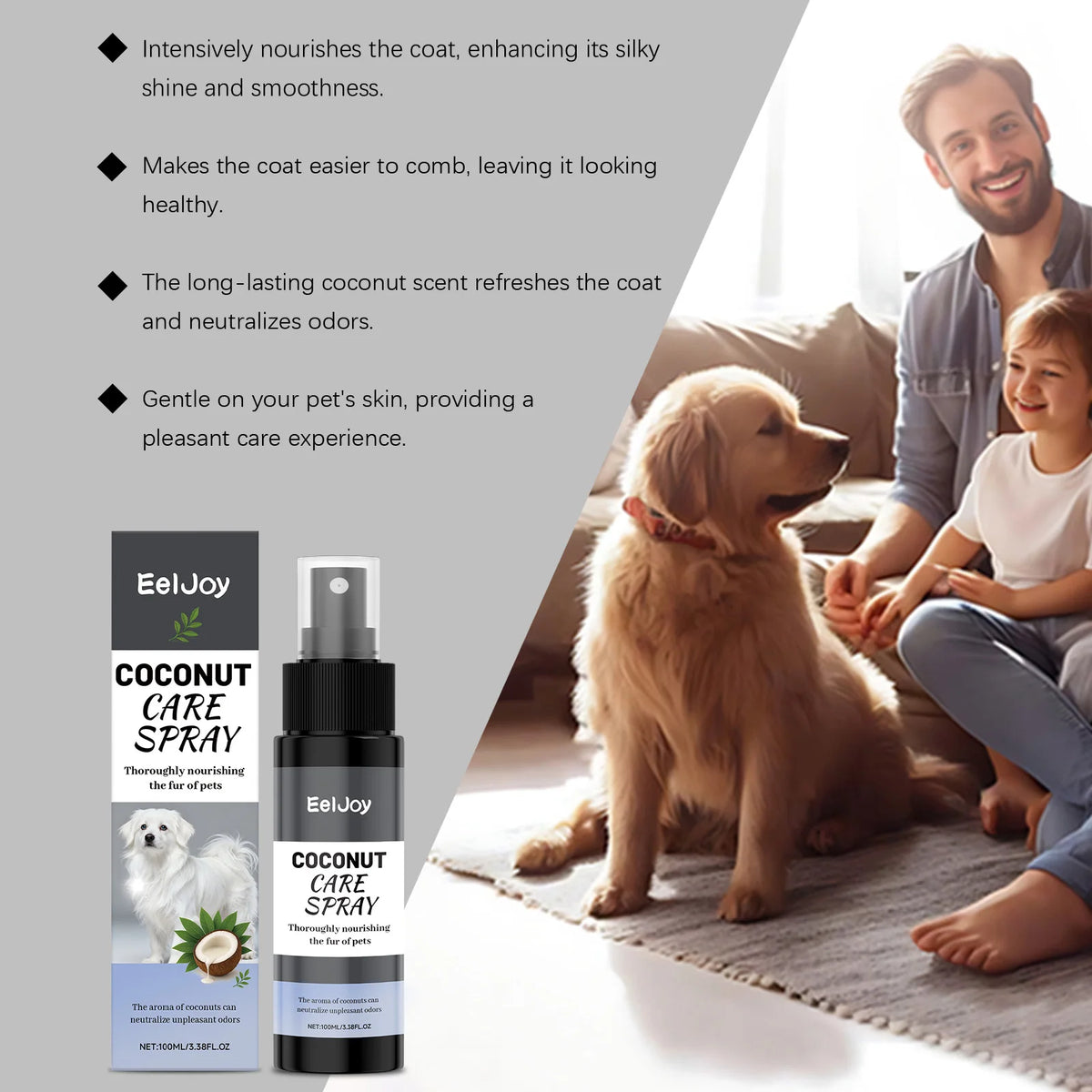 Spray de Cuidado para Animais de Estimação com Coco, Nutre o Pelo, Melhora a Textura do Pelo, Aumenta o Brilho, Elimina Odores, Fragrância Persistente, Spray de Higiene para Animais