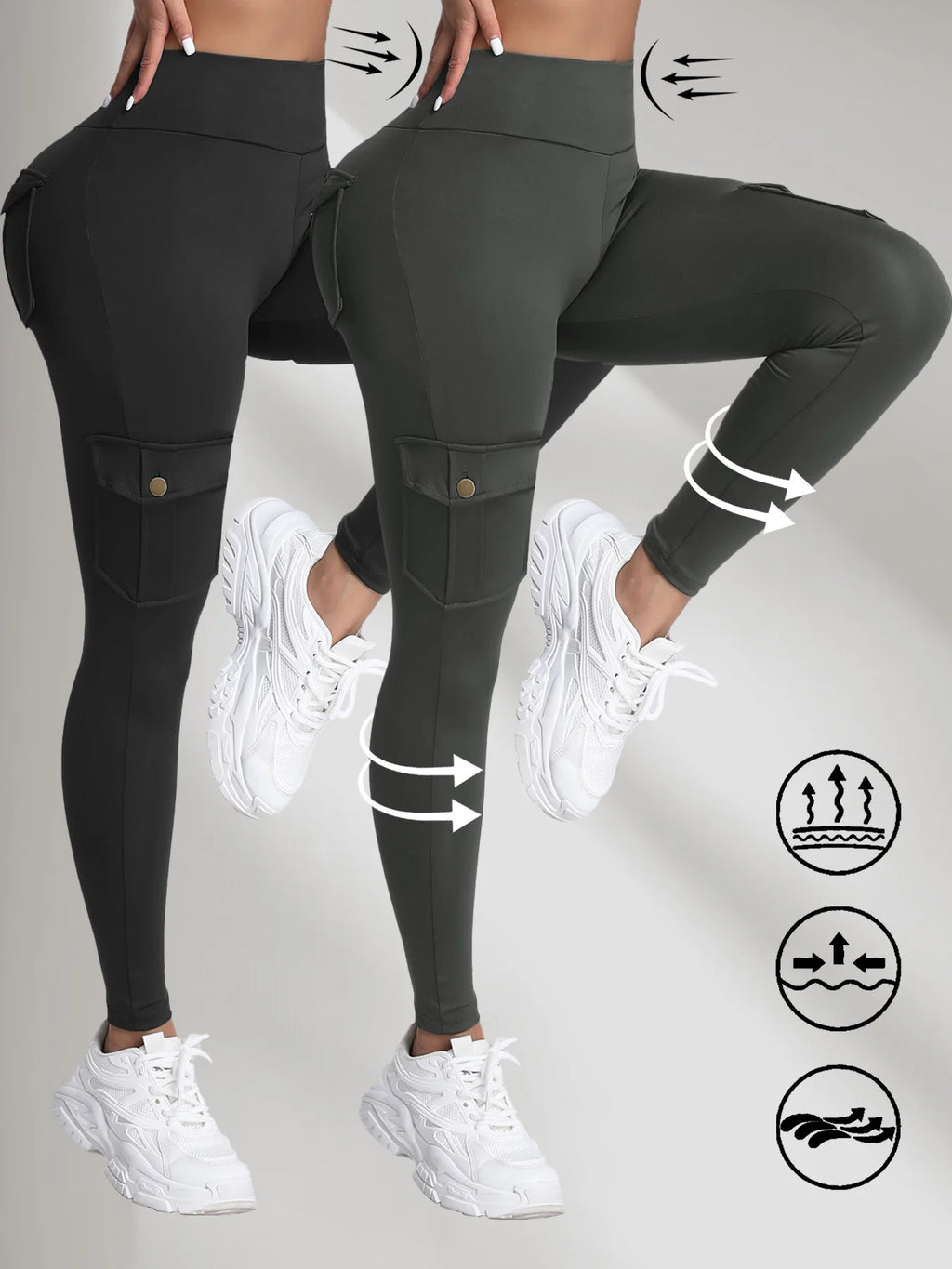 2PCS Women's High-Waisted Hip-Lift Leggings with Pockets, Skinny Stretch Solid Color Fitness Sports Pants for Daily Wear, Outdoors, and Running
