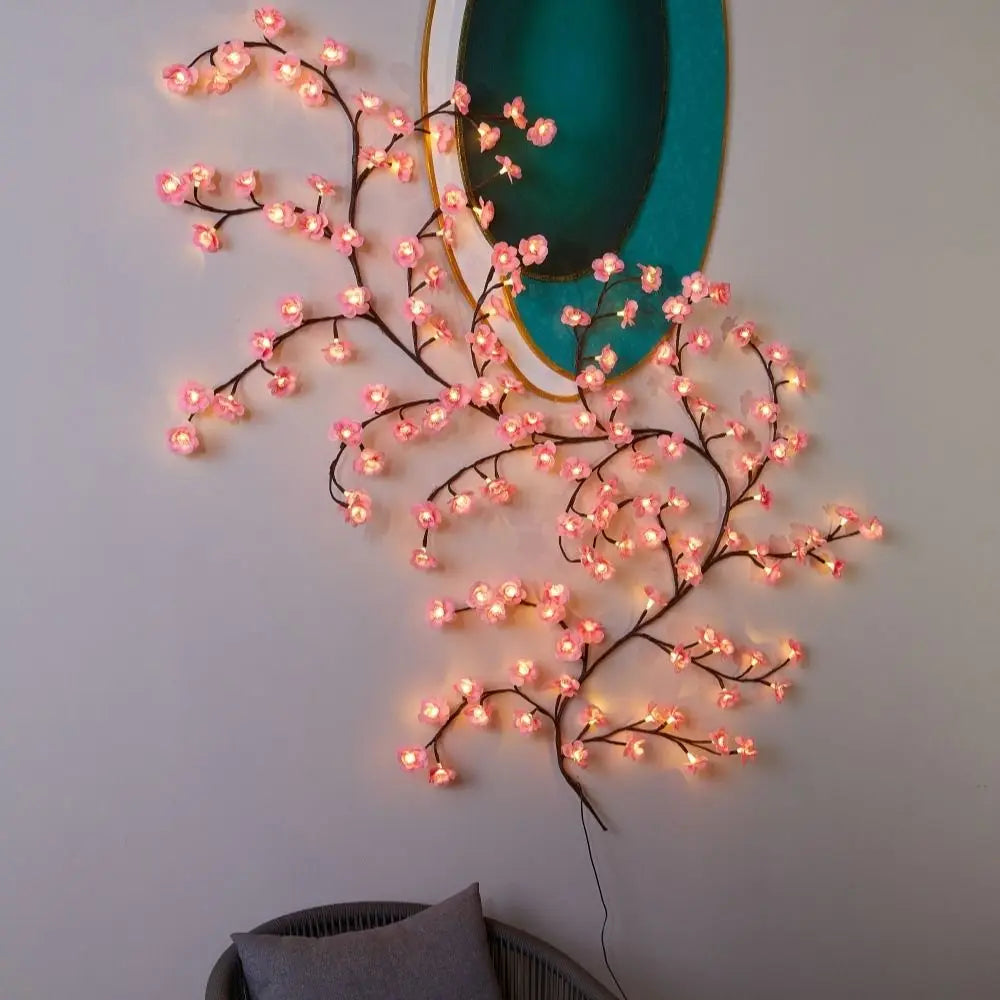 Flor de cerejeira salgueiro videira galho decoração guirlanda natal interior casa parede porta cereja led ramo árvore luzes para decorações de parede