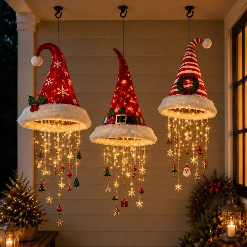 Luz de Natal LED em Forma de Chapéu de Papai Noel, Luzes de Cordão Brilhantes e Quentes, Decoração de Natal para Casa, Escada e Festa.