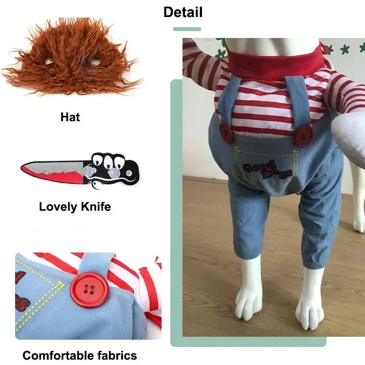 Halloween roupas para cães de estimação transformados vestuário para animais de estimação e peruca para festa de férias suprimentos para animais de estimação engraçado boneca sangrenta com faca traje do cão
