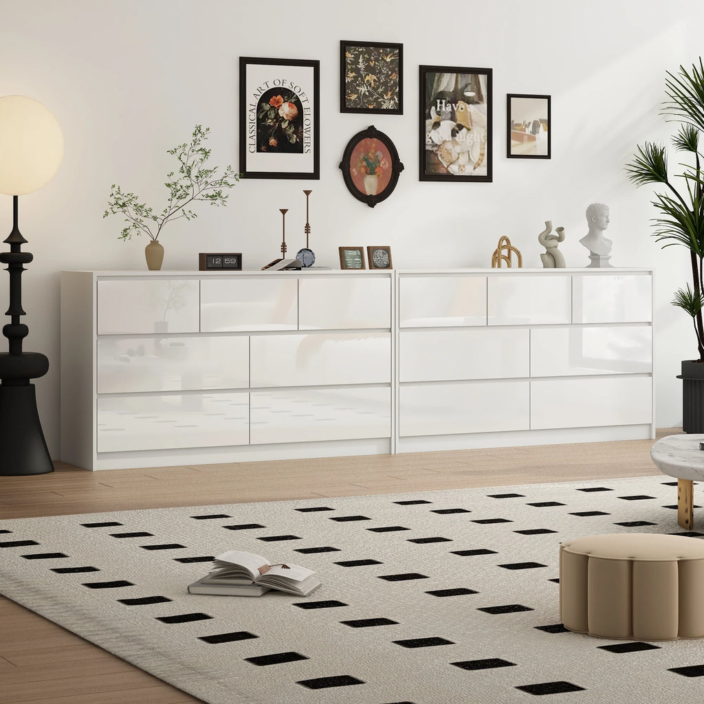 Armário de 7 gavetas com gavetas de alto brilho, grande peito de madeira, branco e preto, 55 "cômoda moderna para o quarto