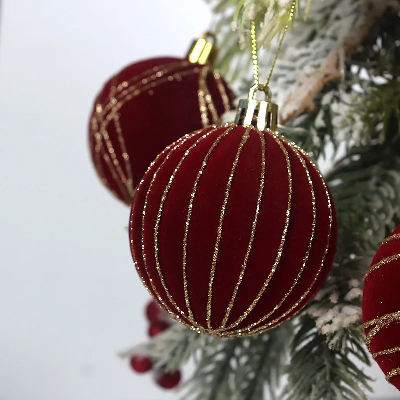 Conjunto de Enfeites de Natal em Veludo Borgonha, Bolas de Natal com Padrão de Glitter Dourado para Decoração de Árvore de Natal e Casa