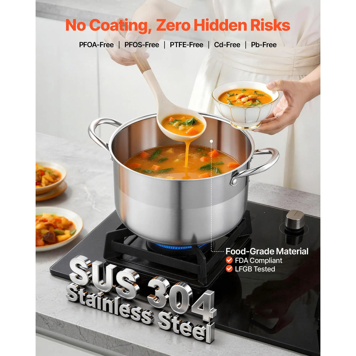 8 Quart Stainless Steel Stockpot with Glass Lid PFOA-Free PFAS-Free Sauce Pans Compatible with Gas Stoves Kitchen Essentials
