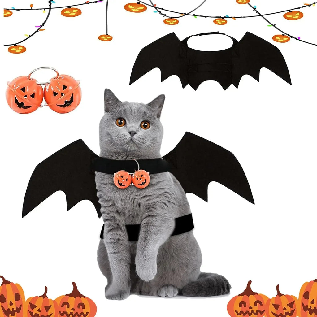 Fantasia de Halloween para Pets: Asas de Morcego para Gatos e Cães com 2 Sinos de Abóbora – Roupa de Cosplay para Gatos e Cães Pequenos – Diversão para Festas e Fantasiar
