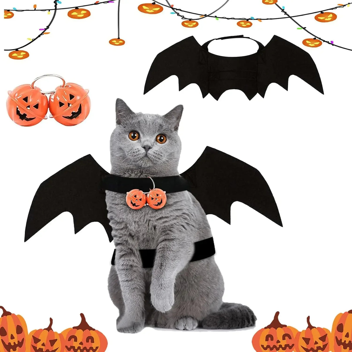 Fantasia de Halloween para Pets: Asas de Morcego para Gatos e Cães com 2 Sinos de Abóbora – Roupa de Cosplay para Gatos e Cães Pequenos – Diversão para Festas e Fantasiar