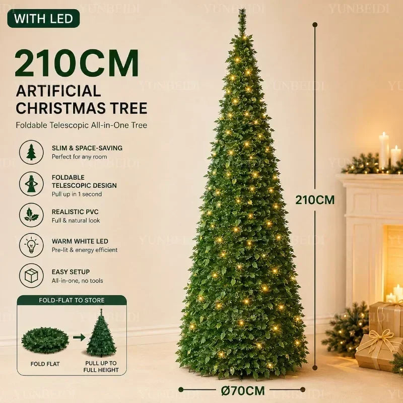 Árvores de Natal Artificiais com Luzes LED Decorativas, Tudo em Um, com Alturas de 1,5m a 2,1m, Decoração de Natal para Casa