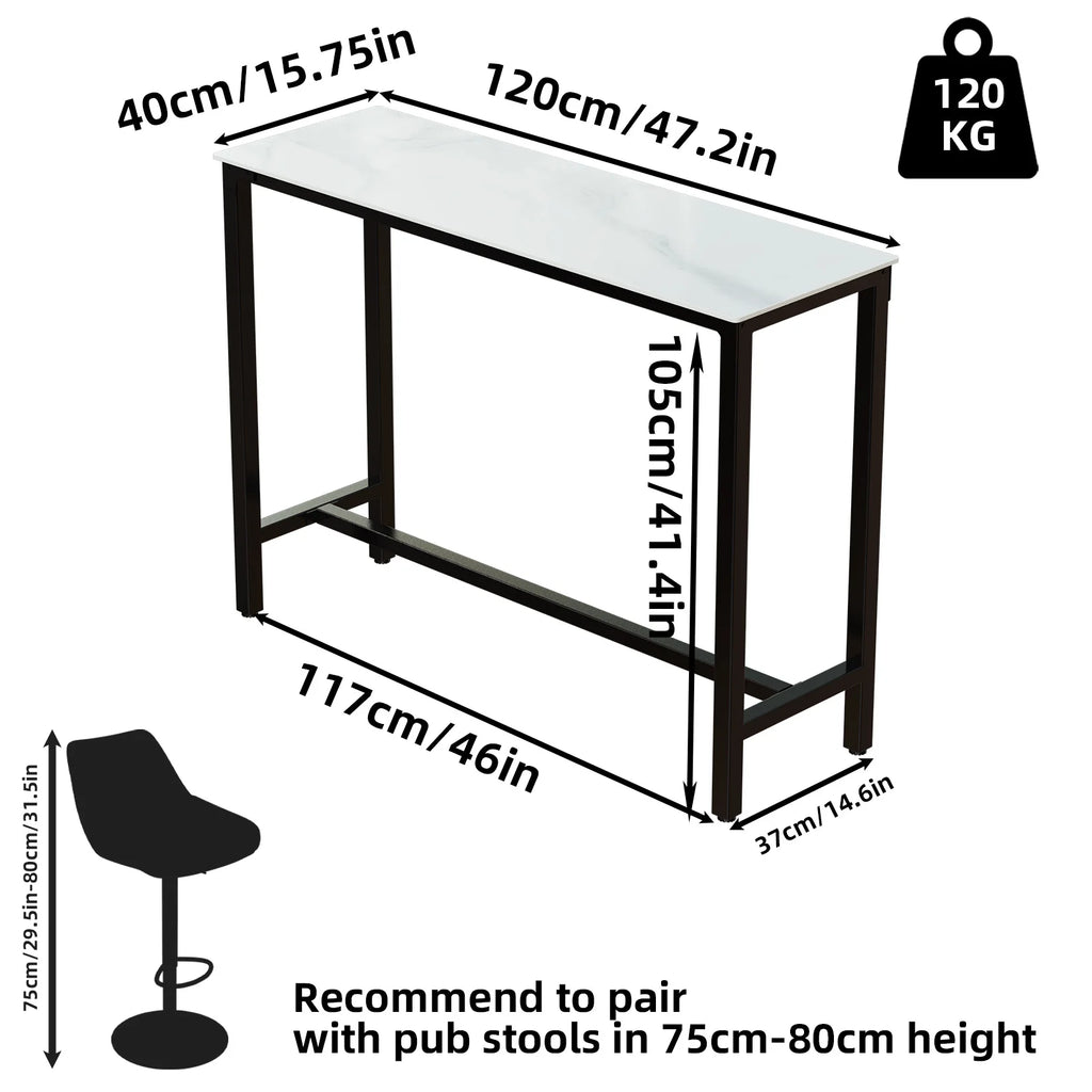 Retângulo sinterizado pedra bar mesa, alta Top Pub mesas, mesa de jantar com metal preto frame, contra altura, branco