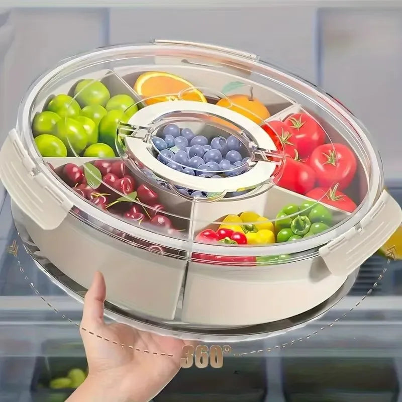 Bandeja giratória para petiscos, com alça e tampa, organizador transparente com compartimentos para guardar frutas, legumes e petiscos para festas.