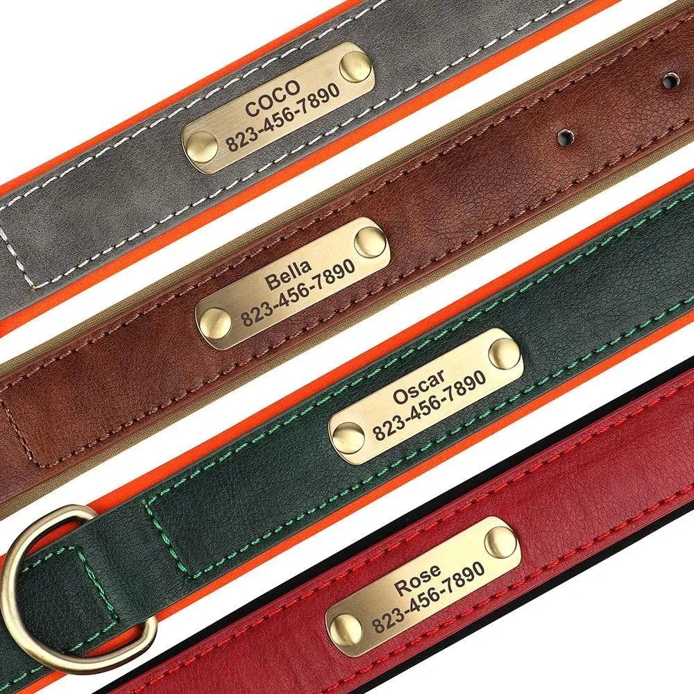 Coleira de Cão Personalizada em Couro com Placa de Identificação, Almofadada e Macia, Gravação Gratuita do Nome para Cães Pequenos, Médios e Grandes