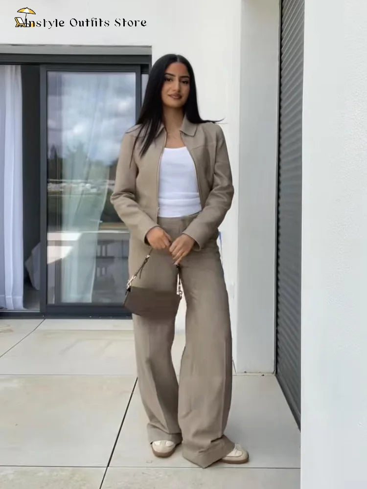 Casual Trousers Set Women Cotton Linen Lapel Zippers Crop Top Straight Pants Sets Lady 2026 Spring Solid Suit Woman Streetwear